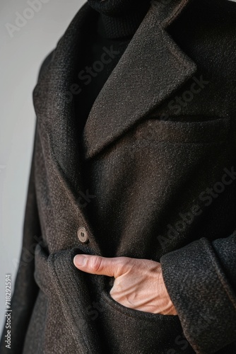 photo of a black coat in a hand in a pocket on a white background