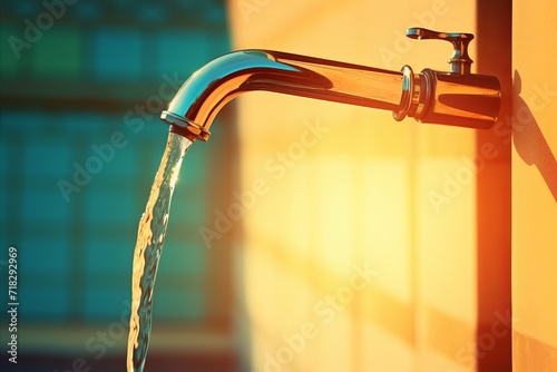 High res modern water faucet with sunlit water droplet  contemporary design illustration