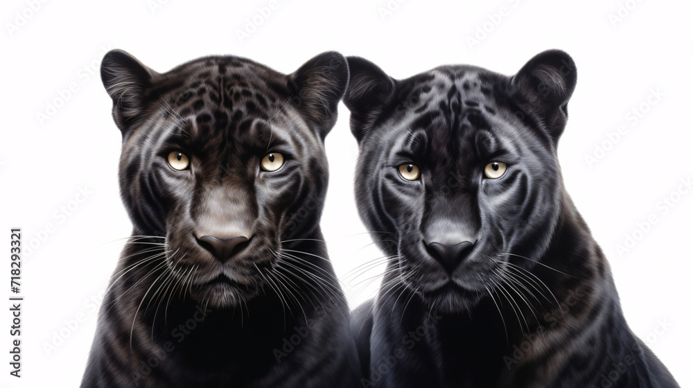 Close-up portrait of two black panther isolated on white background