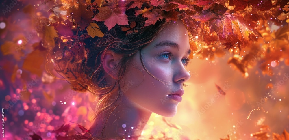 a woman with a wreath of leaves on her head in front of a background of autumn leaves and a sky filled with raindrops and falling on her head. a woman with a wreath of leaves on her head in front of a background of autumn leaves and a sky filled with raindrops and falling on her head.