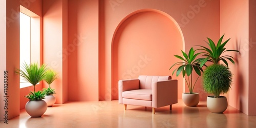 Living Room, Peach fuzz room ,modern minimal kitchen room interior , peach color paint wall.