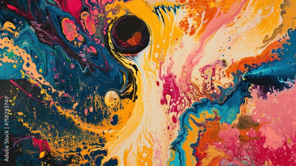 a close up of a colorful painting with lots of paint splattered on the ...