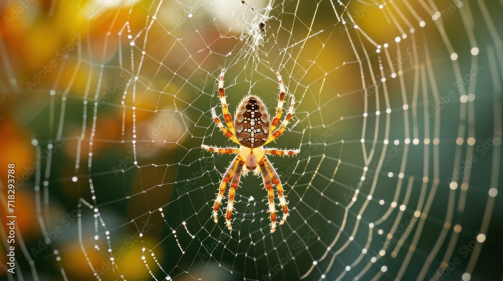 a close up of a spider on it's web with drops of water on it's back and a blurry background of orange and yellow flowers in the background. a close up of a spider on it's web with drops of water on it's back and a blurry background of orange and yellow flowers in the background.