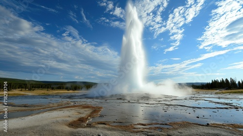  a geyser spewing water into the air on a sunny day with a blue sky and white clouds in the background and a few trees in the foreground.