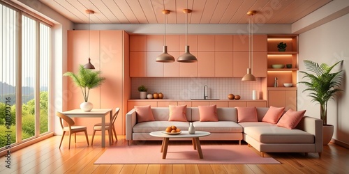 Wallpaper Mural Living Room, Peach fuzz room ,modern minimal kitchen room interior , peach color paint wall. Torontodigital.ca