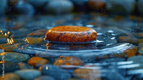  a close up of a rock in a body of water with rocks in the background and a drop of water on the top of the rock and bottom of the picture.