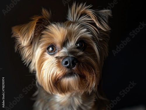  a close up of a small dog s face looking at the camera with a sad look on it s face  with a black background of a black background.
