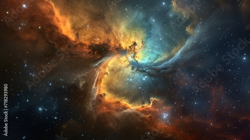  an image of a space scene with stars and a bright orange and blue star in the center of the image, and a bright orange and blue star in the middle of the middle of the image.