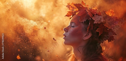  a woman with a wreath of autumn leaves on her head is looking up at a sky full of yellow and orange leaves that are blowing in the wind and falling from her hair. photo