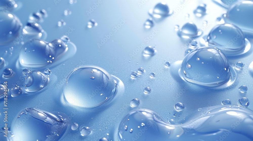 Blue and White Background with Liquid Droplets on Surface. Glossy Wallpaper with Copy-Space.