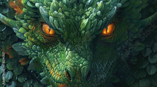  a close up of a green dragon's head with glowing orange eyes and green leaves on the sides of its head, with orange eyes glowing in the center of the image.