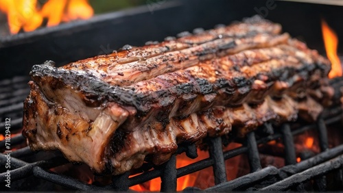 Grilled pork ribs on a fire charcoal grill.