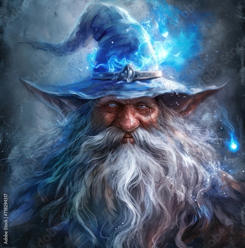  a painting of a wizard with a long white beard and a blue hat with a blue flame coming out of it's mouth and a blue flame coming out of its mouth.