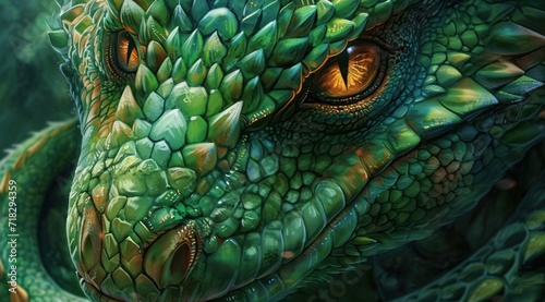 a close - up of a green dragon s head with orange eyes and green leaves on it s head  with green foliage in the foreground and in the background.