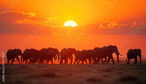  a herd of elephants walking across a dry grass field under a bright orange and blue sky with the sun setting in the distance in the middle of the middle of the horizon.