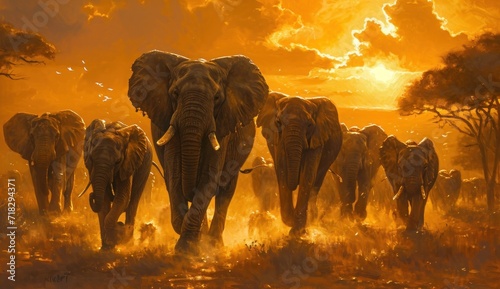  a painting of a herd of elephants walking through a field with trees in the background as the sun goes down on a cloudy sky with birds in the foreground.