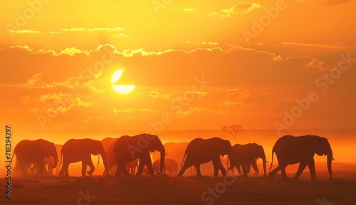  a herd of elephants walking across a dry grass field under a bright orange sky with the sun in the middle of the horizon with clouds and the sun in the distance.