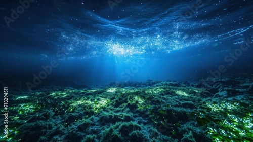  an underwater view of a deep blue sea with bright lights shining on the water and algaes growing on the bottom of the water and on the bottom of the bottom of the water.