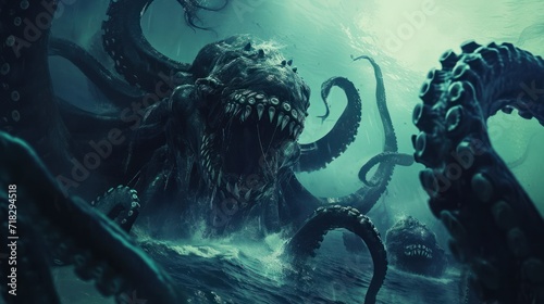  an octopus attacking a giant octopus in a dark sea with a giant octopus in the foreground, and a smaller octopus in the foreground, with a smaller octopus in the foreground.