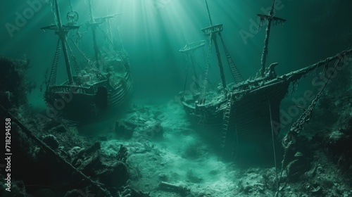  a group of ships sitting on top of a sandy ocean floor next to the ocean floor with sunlight streaming through the water and shining on the ship's hulls.
