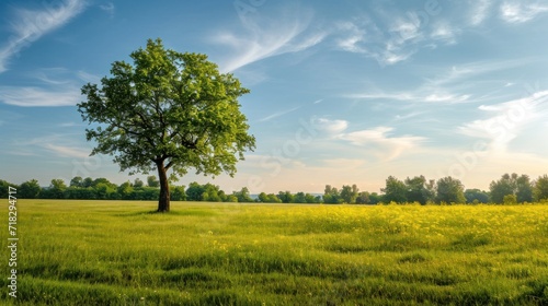  a lone tree in the middle of a field of grass with a blue sky and white clouds in the background of the picture is a grassy field with yellow flowers and green grass and blue sky.