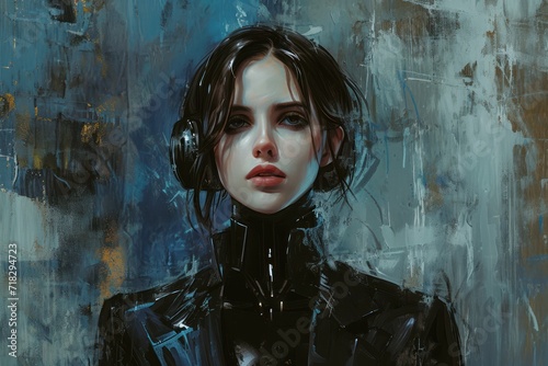  a painting of a woman wearing headphones and a black leather jacket, with a blue wall behind her and a blue background behind her is a painting of a woman's face.