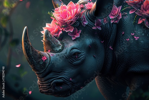  a close up of a rhino with flowers on it's head and a tree in the background with leaves and flowers on it's back end of the rhino. © Jevjenijs