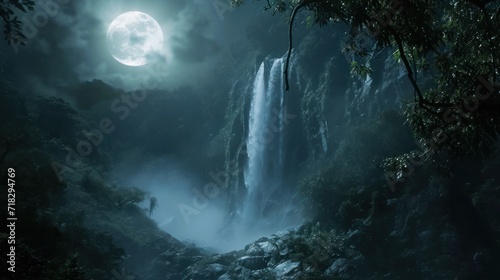  a dark forest with a full moon in the background and a waterfall in the foreground, with a person standing in the foreground of the scene, with a full moon in the background.