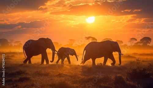  a herd of elephants walking across a dry grass field under a cloudy sky with the sun setting in the distance in the middle of a field with grass and trees in the foreground.