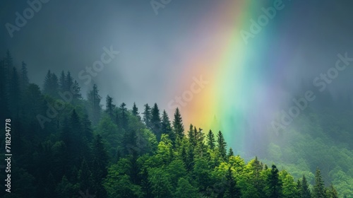  a rainbow in the middle of a forest with trees in the foreground and a foggy sky in the background  with a rainbow in the middle of the foreground.