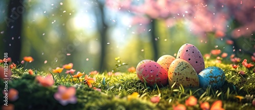  a group of painted easter eggs sitting on top of a lush green grass covered field next to a forest filled with pink and yellow flowers on a sunny spring day. #718294788