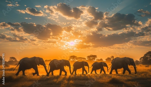  a herd of elephants walking across a dry grass field under a cloudy sky with the sun setting in the middle of the field behind them and behind them is a line of trees.