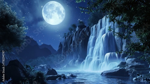  a painting of a waterfall at night with a full moon in the sky and a full moon in the sky above the waterfall is a body of water with rocks in the foreground.