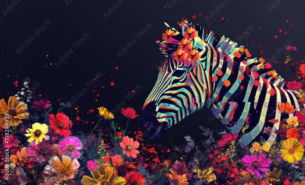 a painting of a zebra standing in a field of wildflowers and daisies with red, yellow, orange, and pink flowers on a black background of black. a painting of a zebra standing in a field of wildflowers and daisies with red, yellow, orange, and pink flowers on a black background of black.