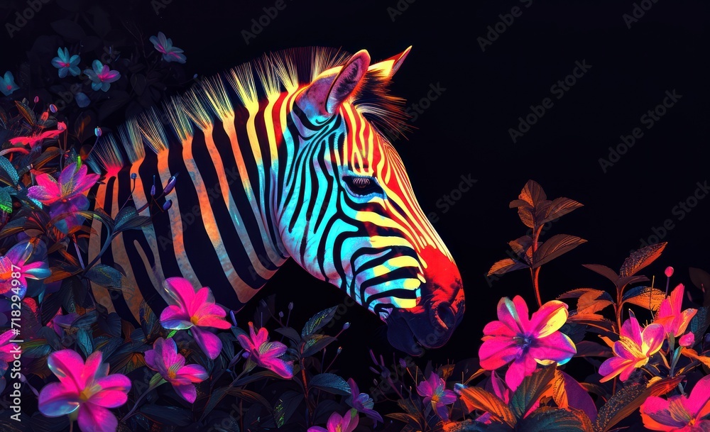 a close up of a zebra in a field of flowers with butterflies on the side of the zebra's head and a black background of pink and yellow and purple flowers. a close up of a zebra in a field of flowers with butterflies on the side of the zebra's head and a black background of pink and yellow and purple flowers.