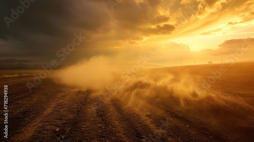  a dirt road in the middle of a field with dust coming out of the road and the sun shining through the clouds in the sky overcast sky overcast sky.