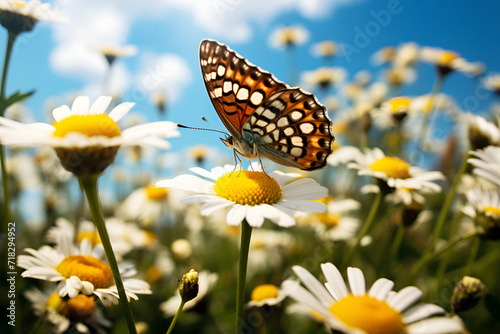 A bright butterfly over a chamomile field