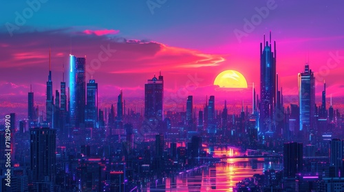  a purple and pink cityscape with a river in the foreground and a bright sun in the middle of the sky in the middle of the middle of the picture.