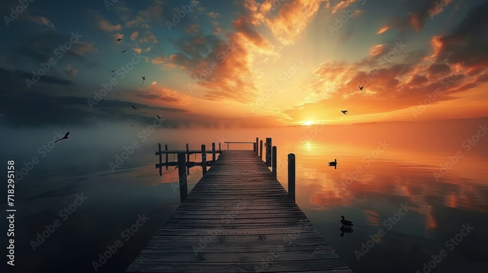  a dock in the middle of a body of water with birds flying in the sky and the sun setting over the water with a dock in the middle of the water.