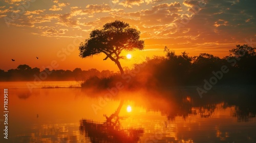  the sun is setting over a lake with a tree in the foreground and a bird flying over the water at the far end of the picture, with the setting sun in the distance.