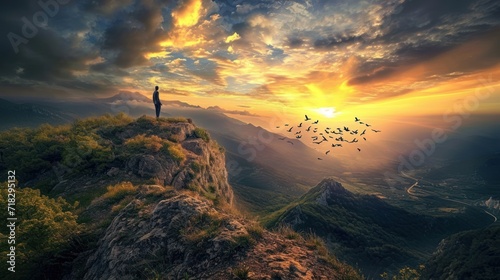  a man standing on top of a mountain looking at a flock of birds flying over the top of a mountain with a sunset in the background and a man standing on top of a cliff.