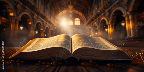 Shining Holy Bible Ancient book banner illustration, Old open magic book glowing from its pages, Bible on the table in the light and church background 