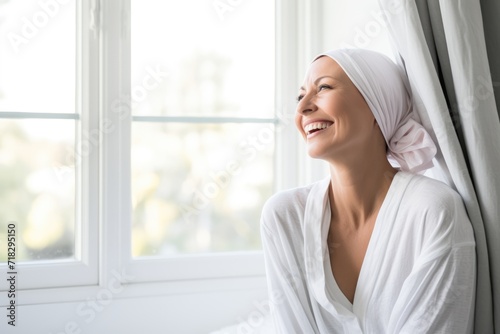 Cancer woman in white robe smiling and looking out the window