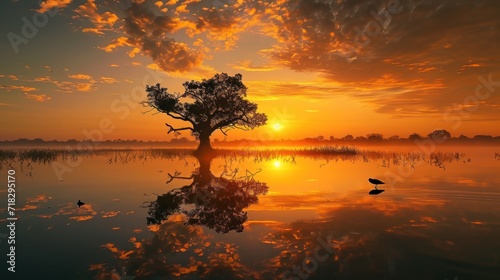  a tree sitting in the middle of a body of water with the sun setting in the background and clouds in the sky and reflecting in the water at the foreground.