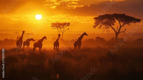  a herd of giraffe standing on top of a grass covered field next to a forest under a cloudy sky at sunset with the sun shining through the clouds.