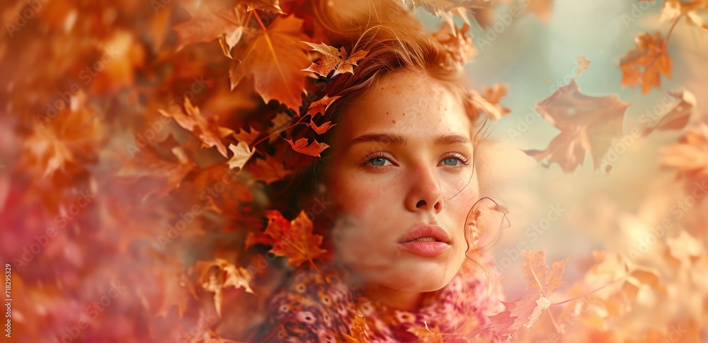  a woman with leaves on her head and a scarf around her neck is looking into the distance while she stands in front of a background of a backdrop of autumn leaves.