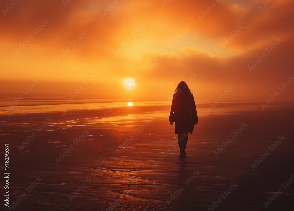  a person walking on a beach at sunset with the sun setting in the distance and the ocean in the foreground, with a person walking on the beach in the foreground.