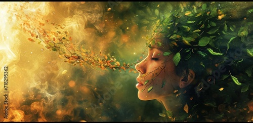  a woman with green leaves on her head blowing in the wind with her eyes closed and her hair blowing in the wind with her eyes closed and her eyes closed. photo
