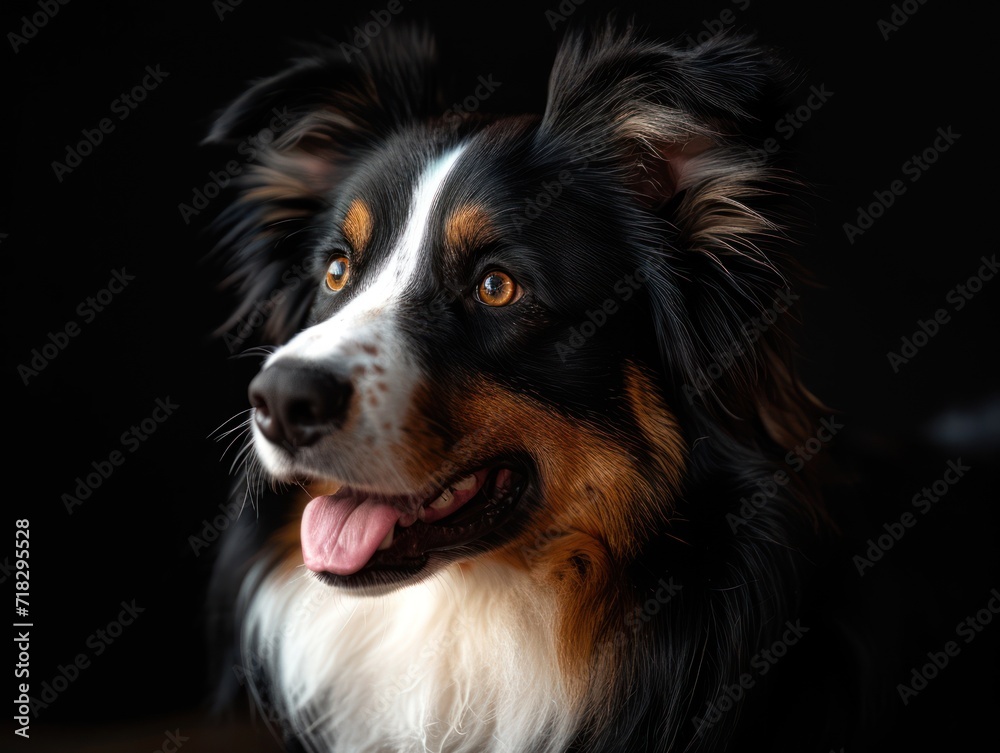  a close up of a dog's face with it's tongue out and it's tongue hanging out and it's eyes wide open, on a black background.
