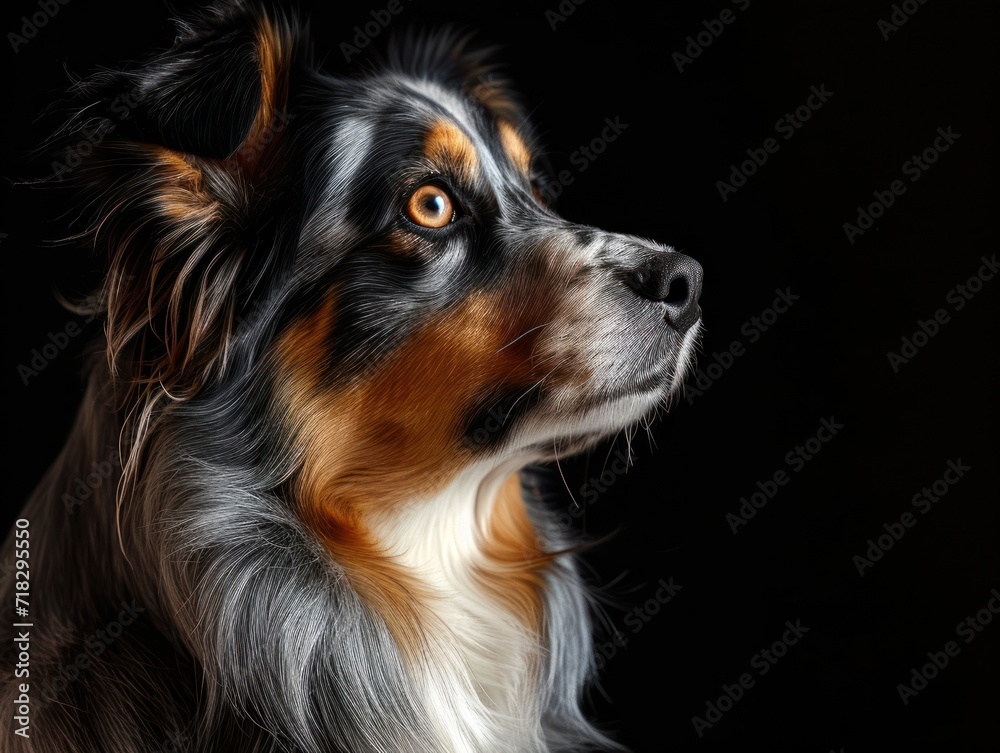  a close up of a dog's face on a black background with a blurry look to the left of the dog's eye and right side of the dog's head.
